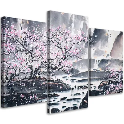 Produktbild von Triptychon auf leinwand japanisches aquarell 150x100 cm Feeby grau wandbild bereit zum aufhängen