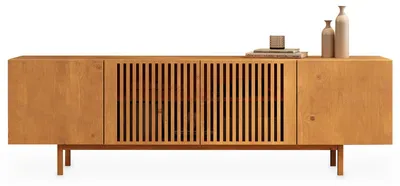 Produktbild von Lowboard LINN, 180 cm aus Massivholz, Eiche Finish - TV Lowboard mit Lamellentüren, TV Schrank aus Kiefernholz, Sideboard für Wohnzimmer und Flur, niedrige Kommode mit Stauraum.