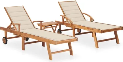 Produktbild von Sonnenliegen 2 Stk. mit Tisch und Auflagen Massivholz Teak