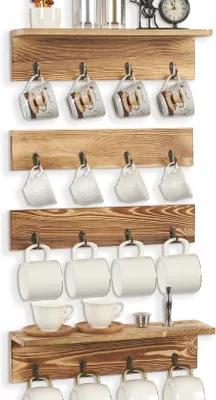 Produktbild von Famanu Bekerhalter Rustikal - Hängendes Tassenregal mit 16 Haken - Set von 4 - Für Küche und Flur