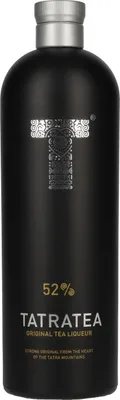 A black bottle of Tatratea 52 Original tea liqueur against a white background.