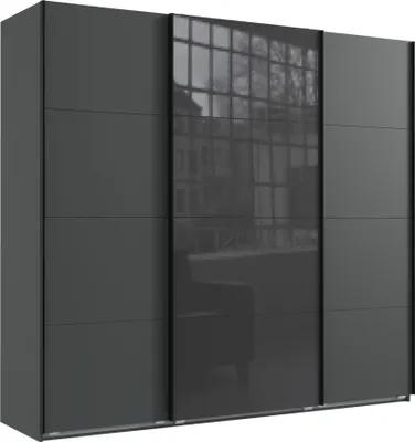 Productafbeelding van Schuifdeurenkast, garderobekast, B225 cm, H208 cm, 3 deuren. Kleur: grafiet. 1 deur van glas, grijs / 22523