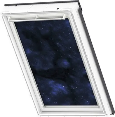 A white framed skylight with a dark blue starry sky pattern visible through the glass.