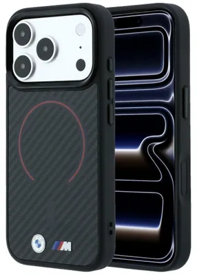 Productafbeelding van BMW M Polyamid, rode drukring, metalen logo, MagSafe, voor Apple iPhone 18 Pro / 17 Pro, zwart