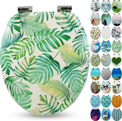 A toilet seat with a tropical leaf pattern is shown, along with a collage of other toilet seat designs.