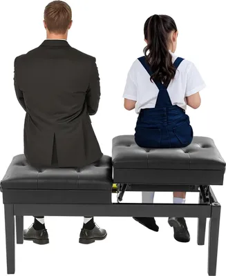 Zdjęcie produktu dla Ławka fortepianowa – podwójne siedzisko – regulacja wysokości do 10 cm – schowek pod siedziskiem – wysoce elastyczna wyściółka z pianki – skórapoliuretan – 108×39×48 cm – czarna