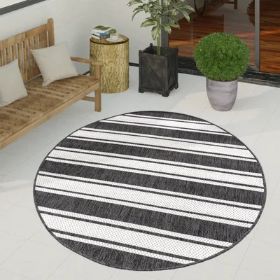 Image de Tapis d'extérieur à tissage plat aspect sisal avec bordure Résistant aux UV Robuste Dimensions : 120 cm, rond
