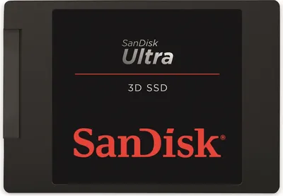 A close-up studio shot of a SanDisk Ultra 3D SSD.