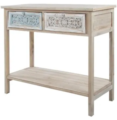 Produktbild von Casa Padrino Landhausstil Konsole Antik Weiß / Naturfarben 85 x 37 x H. 77 cm - Handgefertigter Shabby Chic Konsolentisch mit 2 Schubladen