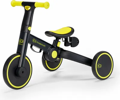 A product shot of a black and yellow children's tricycle/balance bike.