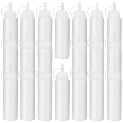 Imagen del producto de TRANKIELO® - Paquete de 20 botellas de plástico blancas con etiquetas – Botellas de 200 ml para salsas, pigmentos y especias