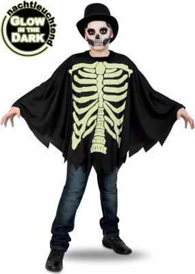 Produktbild von Glow Skelett Poncho Halloween Kostüm Kinder Junge Kindergröße: 128-140