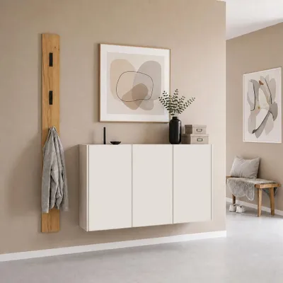 Produktbild von Garderobenset 2-teilig mit Schuhschrank & Garderobenpaneel in Beige mit Eiche - LAPUA-01