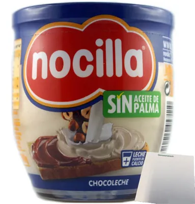Produktbild von Nocilla Chocoleche Spanische Kakao und Milchcreme, Brotaufstrich mit Haselnüssen (180g Glas) + usy Block