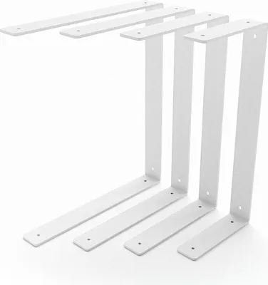 A set of white shelf brackets arranged in a staggered formation against a white background.