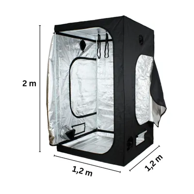 A black grow tent with silver interior, shown with dimensions indicated.
