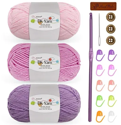 Image de Fil à crochet, 150g (3 pelotes de 50g), composition : 60% coton, 40%.polyacrylique. Coffret multicolore avec accessoires