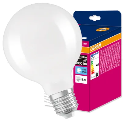 Produktbild von LED-Lampe E27, Kugelform, 13W = 120W, 1900lm, 4000K (neutralweiß), 300° Abstrahlwinkel, Filament-Design, Marke: Osram, KI-generiertes Bild