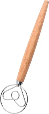 A Danish dough whisk with a wooden handle and a stainless steel whisk head, isolated on a white background.