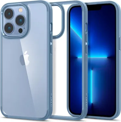 A clear protective phone case with a blue frame is shown from the back and side, with a phone inside the case visible.