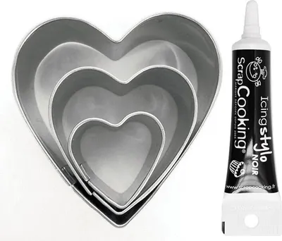 Produktbild von 3 Mini-Edelstahl-Ausstechformen Herzen + Icing schwarzen Stift