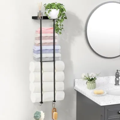 Produktbild von PromoHome® Wandregal für Handtücher - 2 Ebenen mit Ablage und 4 Haken - Schwarz