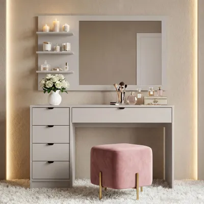 Produktbild von BEAUTYSOFA | Schminktisch MALTA Kaschmir 120 cm mit Spiegel und 5 Schubladen – rechts oder links montierbar, Moderner Frisiertisch, mit Griffe