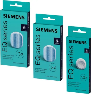 Produktbild von SIEMENS Reinigungsset für Siemens EQ Series Kaffeemaschinen: 10 Reinigungstabletten (TZ80001A) + 6 Entkalkungstabletten (TZ80002A) für Kaffeevollautomaten