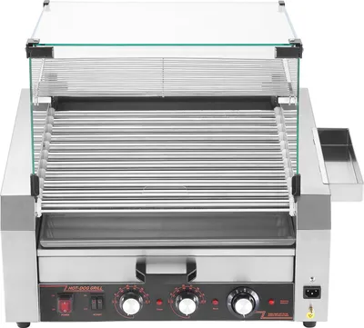 Obrázok produktu pre Elektrický gril na hotdogy SucceBuy s 11 nerezovými roštami, výkonom 2400 W, vybavený ohrievačom pečiva, skleneným a plastovým krytom, tromi regulátormi teploty, bočnou odkladacou priehradkou a miskou na zachytávanie oleja s kapacitou až 30 hotdogov