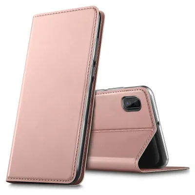A rose gold flip case for a smartphone is shown against a white background. The case is partially open, revealing the phone inside.