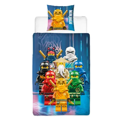 A Lego Ninjago themed duvet cover and pillowcase set displayed on a white background.