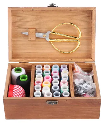 Image de Boîte à couture vintage multifonction en bois avec rangement pour aiguilles et fils – Boîte de rangement DIY pour outils de couture et de tricot – Boîte à couture avec motifs