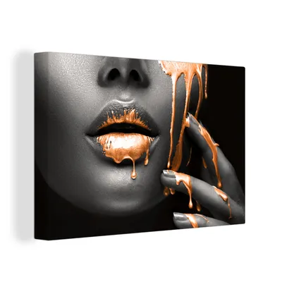 Produktbild von OneMillionCanvasses® - Leinwandbilder - 150x100 cm, Lippen - Orange - Schwarz, Wandbilder Kunstdruck Wanddekoration