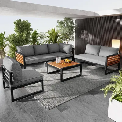 Produktbild von Gartenmöbel-Set für 5-6 Personen , Outdoor-Sofa mit verzinktem Eisenrahmen & Holz-Armlehnen,Loungembel, Balkonset,Garten & Terrasse