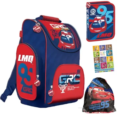 Produktbild von Schulranzen für Jungen, 4er-Set - Schul-Rucksack für Kinder mit Federmäppchen - Schuhbeutel und Hausaufgabenheft - Auto Motiv