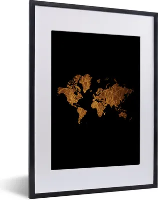 Produktbild von MuchoWow® Gerahmtes Poster Weltkarte - Gold - Luxus 30x40 cm - Poster mit Schwarzem Bilderrahmen Wandposter Rahmen Foto Bilder - Wandposter Schlafzimmer