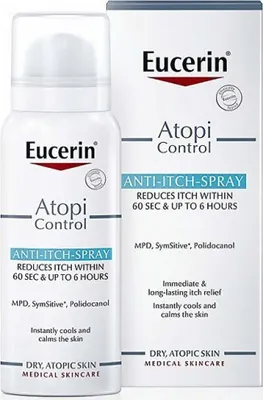 A product shot of Eucerin AtopiControl Anti-Itch Spray and its packaging.
