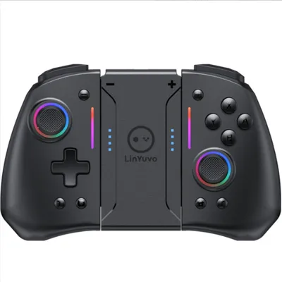 A black wireless game controller with RGB lighting is shown against a white background.