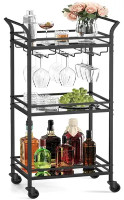 Image de VASAGLE, chariot de service, 3 niveaux, plateaux en verre miroir, avec roulettes
