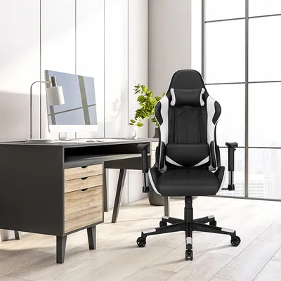 Produktbild von COSTWAY 360˚ Gaming Stuhl, Racing Style Drehstuhl mit Kopfstütze & Lendenkisse, Verstellbarer Neigungswinkel, ergonomischer Computerstuhl für Gaming, Zuhause, Büro (Weiß)