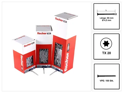 Produktbild von fischer Spanplattenschraube PowerFast, FPF II CTP 4,5 x 80 BC 100 Senkkopf mit Innenstern TX Teilgewinde galvanisch verzinkt, blau passiviert, 100 Stück