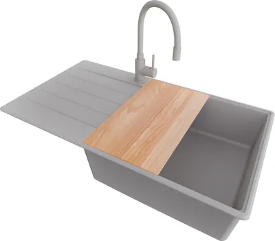 Produktbild von PRIMAGRAN Granitspüle Grau 90x50cm, Spülbecken 1 Becken + Küchenarmatur 38x14cm + Ablauf-Set + Schneidebrett, Küchenspüle ab 60er Unterschrank - Kopenhagen