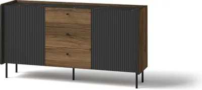 A modern sideboard with a combination of wood and ribbed dark gray panels, standing on thin black legs.