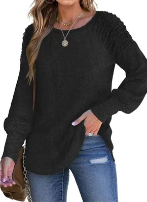 Produktbild von ASKSA Damen Langarmshirt Puffaermel Rundhals Leichte Rippstrick Casual Elegant Tunika Oberteile Tops, Schwarz, M