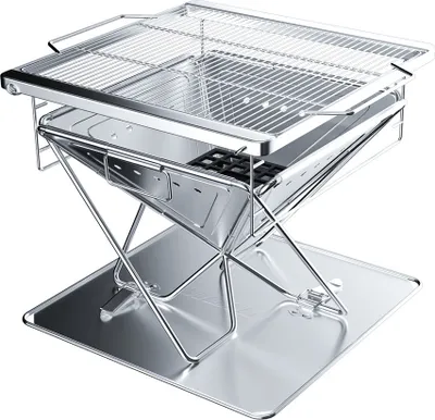 Obrázek produktu pro WISFOR gril na dřevěné uhlí z nerezové oceli, stolní gril skládací BBQ skládací gril kempinkový gril, BBQ gril ohniště s taškami