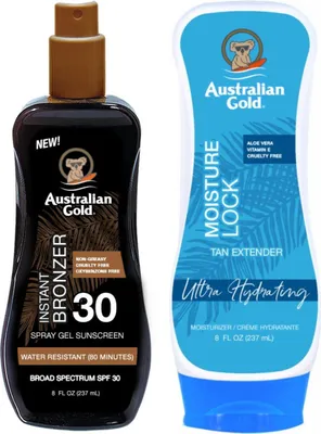 Productafbeelding van Australian Gold Spray Gel Bronzer SPF30 zonnebrandspraygel + Moisture Lock aftersun balsem 237 ml Bruiningsset