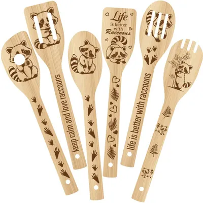 Productafbeelding van Set van 6 dierlijke spatels - met verschillende dierenmotieven - keukengerei van bamboe - 30 x 6 cm