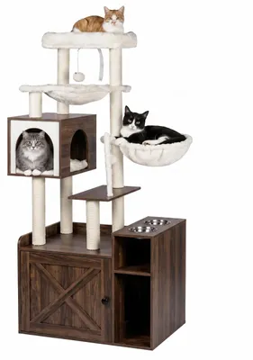 Zdjęcie produktu dla Kratzbaum Relaxdays z szafką na kuwetę i pojemnikiem na karmę, wymiary: 144x71x45,5 cm, słupki z sizalu i miejsce do leżenia, wygląd drewna, kolor brązowy