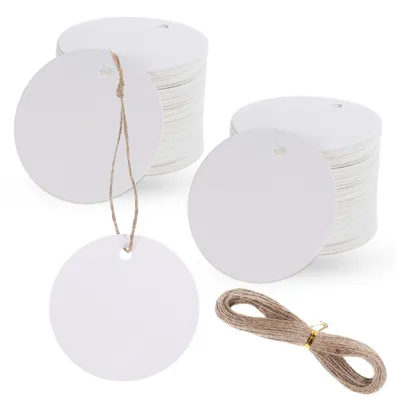 Productafbeelding van Cadeauhangers - Witte ronde labels - 5 cm - 100 stuks - Met 20 m jute koord