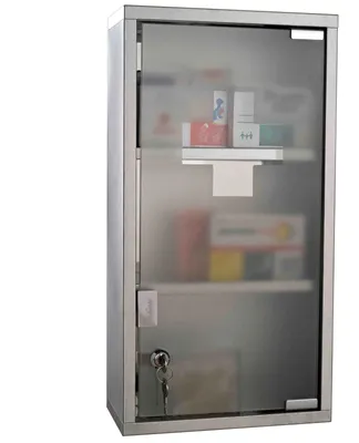 Image de Armoire médicale - Armoire de rangement pour médicaments - Acier inoxydable, argent - Fermeture à clé - 3 compartiments - Porte en verre - Étanche - 25 x 12 x 48 cm